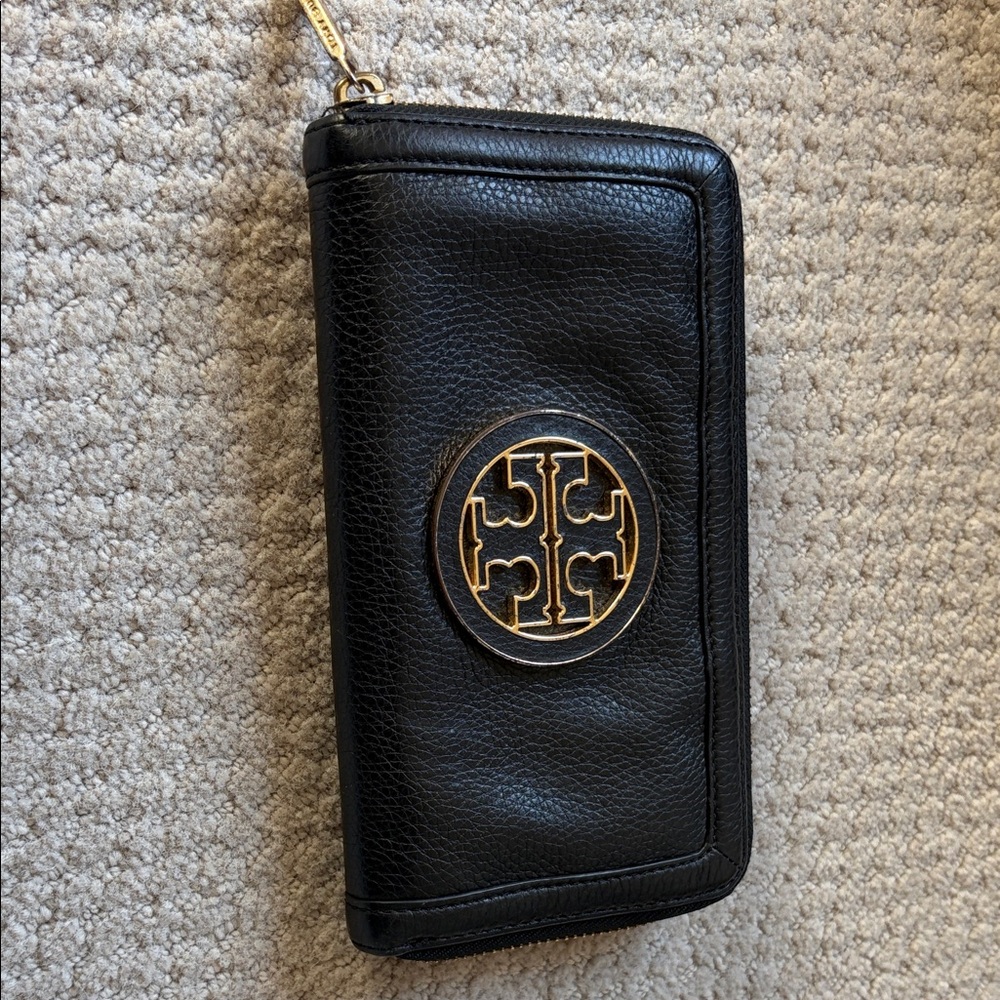 Tory Burch Black Leather Phone Wallet with Gold Emblem